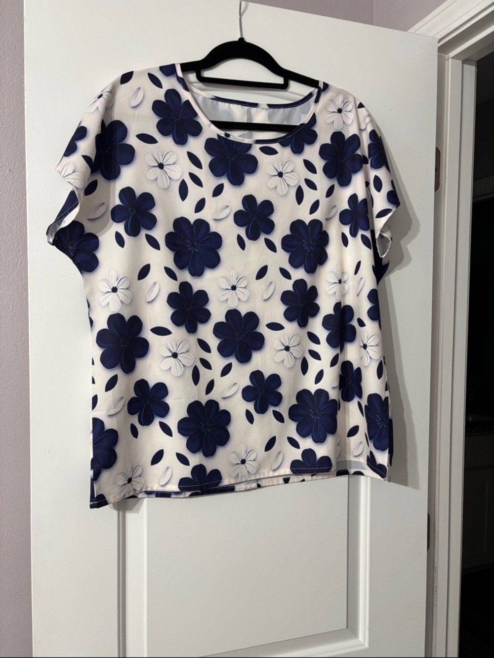 Women’s White Short Sleeve Top with Navy Floral Print